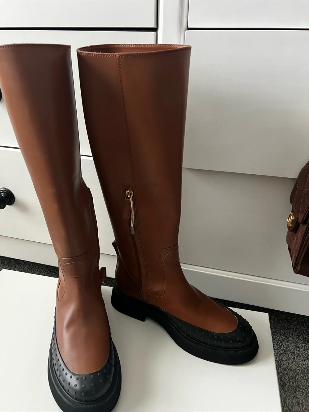 Tod's Tall Brown Leather Over-the-Knee Boots with Black Trim